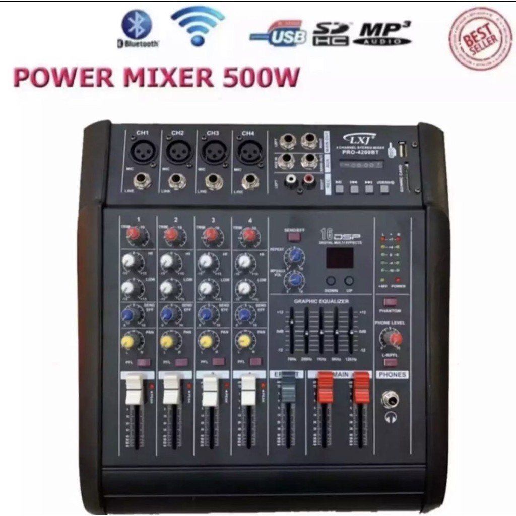LXJ เพาเวอร์มิกเซอร์ ขยายเสียง500วัตต์ 4CH BLUETOOTH USB/SD CARD EFFECT 16DSP รุ่น PRO-4200BT
