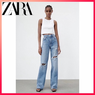 Zara กางเกงยีนขากว้าง เอวสูง แต่งรอยขาด สีฟ้า เข้ากับทุกการแต่งกาย