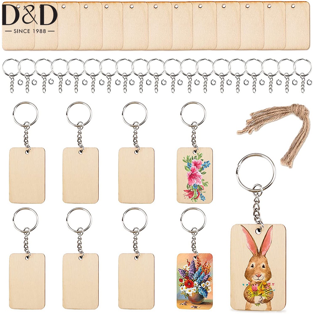 พวงกุญแจไม้เปล่า ทรงสี่เหลี่ยมผืนผ้า พร้อมโลโก้ DIY สําหรับห้อยกระเป๋า กุญแจ ป้ายชื่อ ของขวัญ 60 ชิ้น ต่อชุด