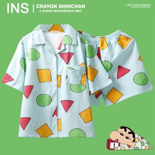 หน้ากากตาฟรี Crayon Shin-chan ชุดนอน ชุดนอนแขนสั้น ชุดนอนผ้าฝ้าย ฝ้าย เสื้อผ้าหน้าแรก ชุดนอนแบบสองชิ้น เสื้อคอปก เซตชุดนอน ผ้าคอตตอน/ผ้าฝ้าย