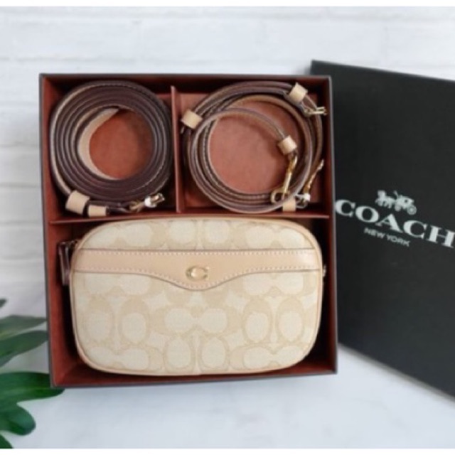 (ผ่อน0%) กระเป๋า Coach F38687 IVIE CONVERTIBLE BELT BAG IN SIGNATURE JACQUARD   สีครีม คาดอก คาดเอว 