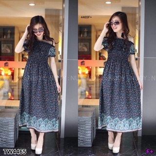 TW-4465 Maxi Dress ปาดไหล่ลายดอกเล็ก เนื้อผ้าสปัน นิ่มๆ ปาดไหล่ลายดอก ทรงเอารูป มีโบว์ติดตรงหน้าอก พิมพ์ลายดอกคมชัด