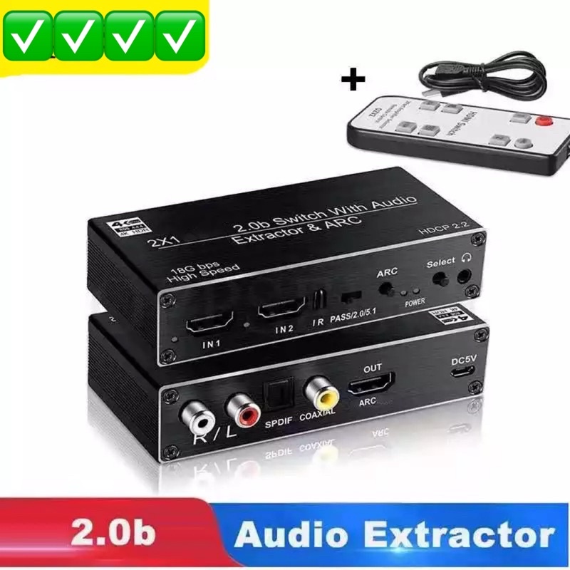 4K 60HZ 2X1 HDMI 2.0b Switcher Audio Extractor สนับสนุน HDR Apple TV4 PS4 receiver Audio Splitter ARC IR และ
