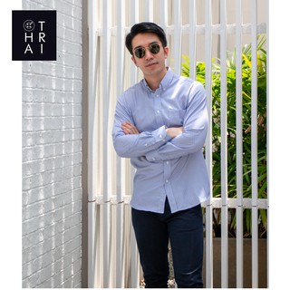 CHATRI [ชาตรี] - เสื้อเชิ้ตแขนยาวผ้าคอตตอน ลายตรง สีฟ้าจุดน้ำเงิน (Pigeon Blue Striped Dot Shirt)