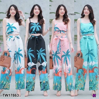 MF17863  Set 2 ชิ้น สุดชิคพร้อมส่งค่า เสื้อครอปสายเดี่ยวลายต้นมะพร้าว  เอวจั้มตัดต่อมีสม๊อคที่เอว + กางเกงขายาวผูกโบว์เอ