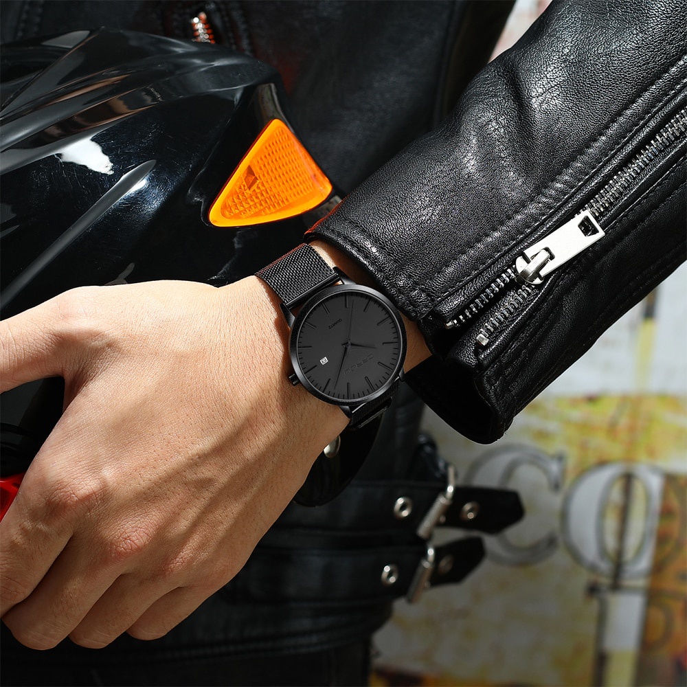 CRRJU Men Watch Black Stainless Steel Mesh Band Calendar Display Sports Waterproof Quartz Watch 2172