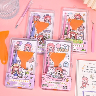 ชุดสติกเกอร์ Deco Washi การ์ตูนน่ารัก พร้อมแหนบ และที่ขูด และกล่องเก็บ 16 แผ่น