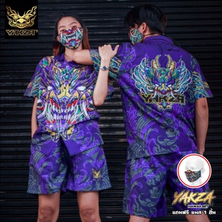 YAKZA hawaii 003 SET เสื้อเชิ้ต ฮาวาย + กางเกงขาสั้น ลายปีศาจ ทรงตรง แห้งไวไม่ร้อน