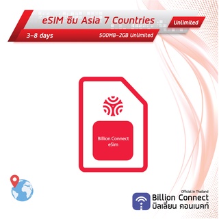 eSIM Asia 7 Countries Sim Card Unlimited 500MB-2GB Daily: ซิมเอเชีย 3-8 วัน by ซิมต่างประเทศ Billion Connect