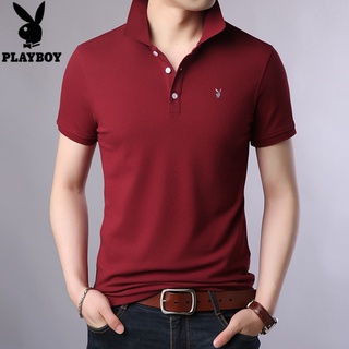 ☞☬❧Playboy VIP เสื้อโปโลผู้ชายแขนสั้นฤดูร้อนใหม่ผ้าฝ้ายเสื้อยืดผู้ชาย lapel เสื้อยืดสีทึบ