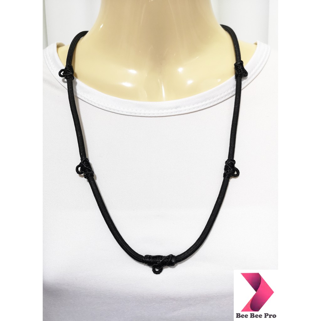 BBP44 - สร้อยคอเชือกร่ม สีดำ 27 นิ้ว เชือกเทียนถัก 5 ห่วง สร้อยคอห้อยพระ สร้อยคอผู้ชาย