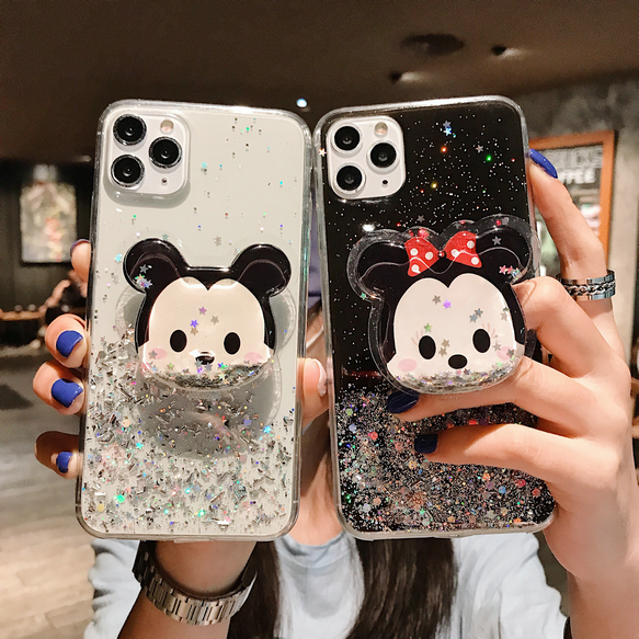 Glitter Samsung A6 A7 A8 A9 J2 J4 J5 J6 J8 J7 Pro Plus Prime 2016 2018 A42 5G M51 M31 M30S M21 J4+ J6+ A6+ Cartoon Cute Mickey Minnie Quicksand Stand Phone Back Case Soft Cover QH 28