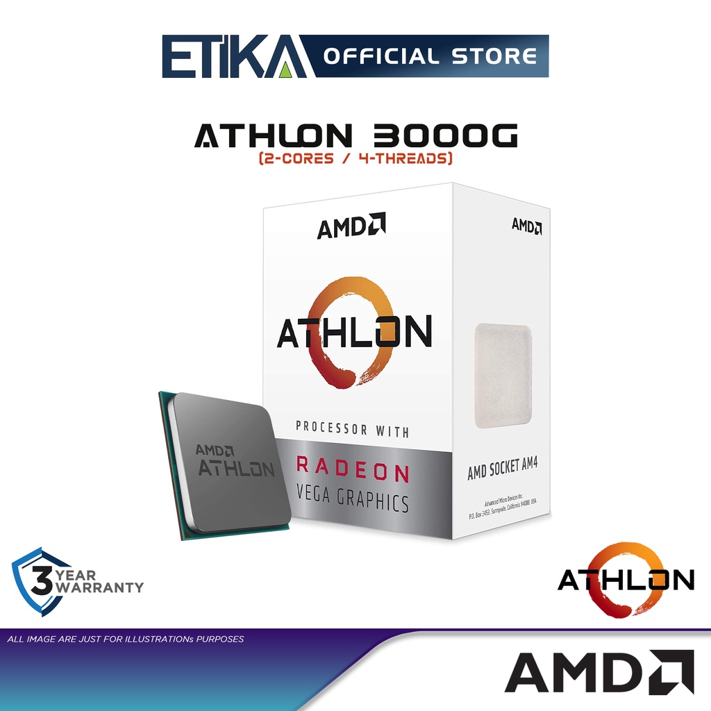 ซ็อกเก็ตโปรเซสเซอร์ AMD Athlon 3000G MPK 2-Cores AM4 AMD Radeon Vega 3 กราฟฟิก AMD Cooler รวมอยู่ด้วย
