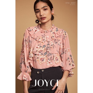 A 0037 เสื้อ Joyce เสื้อชีฟองผ้าพิมพ์ลายดอกไม้ เนื้อผ้าดีใส่สบาย มีระบายช่วงคอและอก แขนเสื้ออัดพลีทสวย