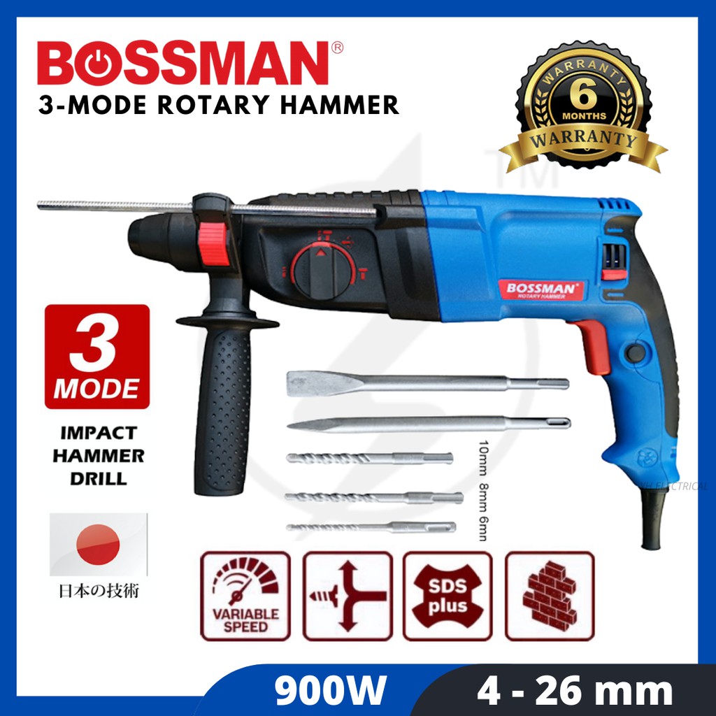 BOSSMAN สว่านโรตารี่ BGBH226 900W 3 โหมด (รับประกัน 6 เดือน) UNTUK TEBUK DINDING SIMEN KONKRIT DRILL