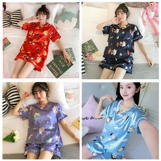 🔥พร้อมส่ง🔥1086 ชุดนอนผ้าซาติน แขน-ขาสั้น ชุดนอนลายการ์ตูน ชุดนอนลายน่ารัก ชุดนอนผ้าซาติน