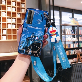 เคสโทรศัพท์ Huawei Y7a Case with Hand Strap + Neck Strap Cute Doraemon Doll Bracket Cartoon Phone Case Casing for HuaweiY7a เคส