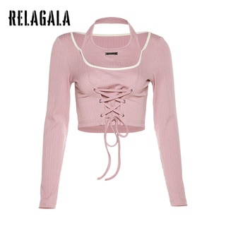 Relagala เสื้อยืดแขนยาว คอผูกเชือก สีพื้น เซ็กซี่ แฟชั่นสําหรับผู้หญิง