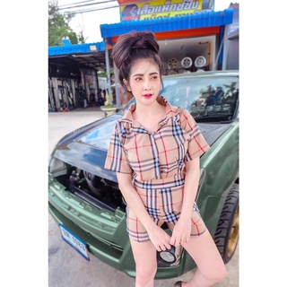 เซตB U R B E R R Y เชิ้ตเสื้อแขนสั้นกระดุมหน้า+กางเกงขาสั้นเอวยางยืด