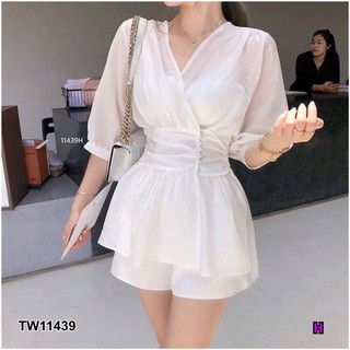 TW11439 Set 3 ชิ้น เสื้อชีฟองแขนพอง + สายเดี่ยว + กางเกงขาสั้น