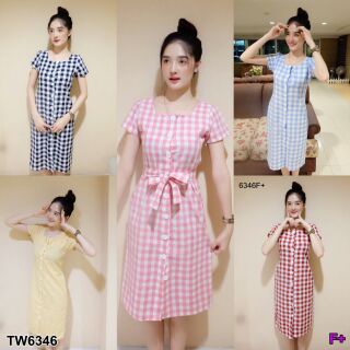 Dress ชุดเดรสลายสก็อตแขนสั้น-TW6346