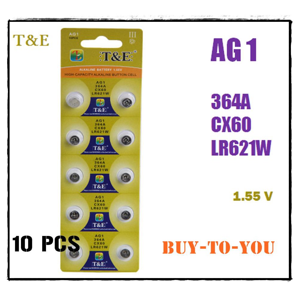 ถ่านกระดุม T&E รุ่น AG1 364 LR621 164 531 SR60 SR621SW 1.55 V