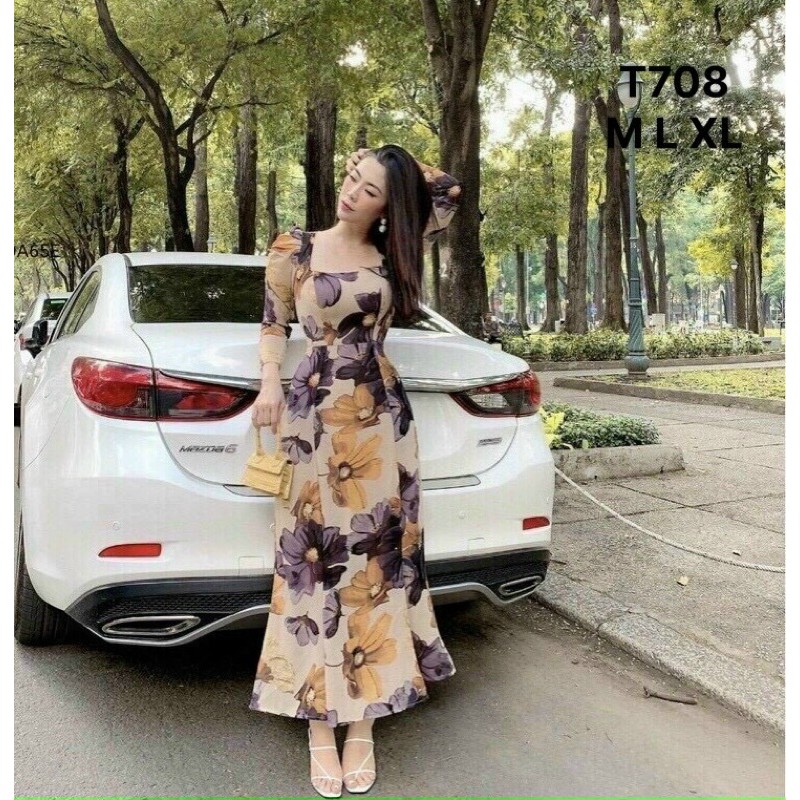 แม็กซี่เดรส Hoa Ly แขนพอง คอเหลี่ยม