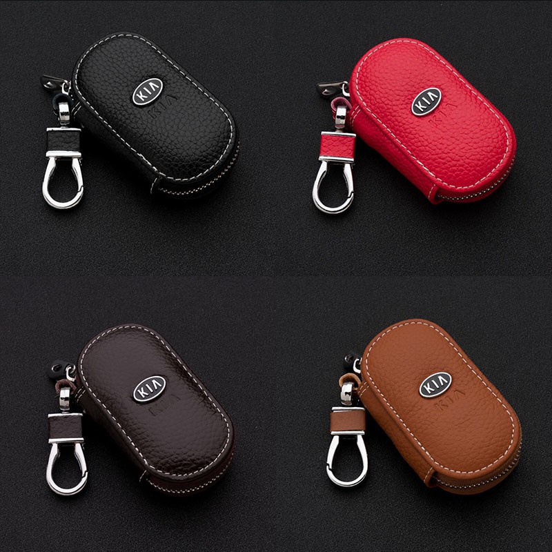 ღღKia Leather Car Key Bag Case Logo Keychain Ring Zipper Auto ...