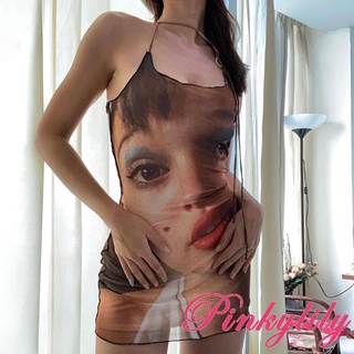 PINK-Women Slip Dress, Tan Portrait Printed Pattern U-shaped Collar Sleeveless One-piece, S/ M/ L