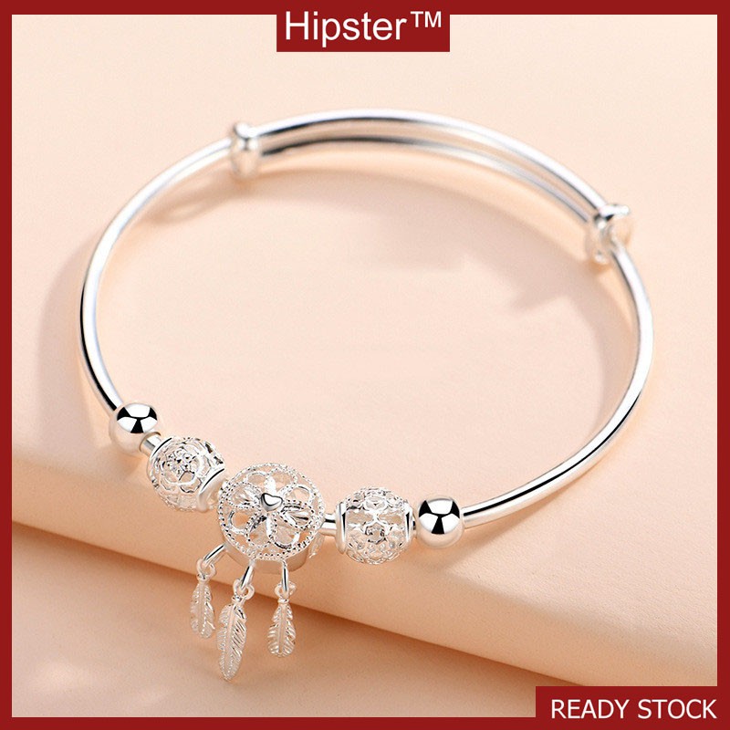 Hipster Korean Dreamcatcher-สร้อยข้อมือเงินแท้ 999 เรียบง่ายนี้เปิดปรับได้