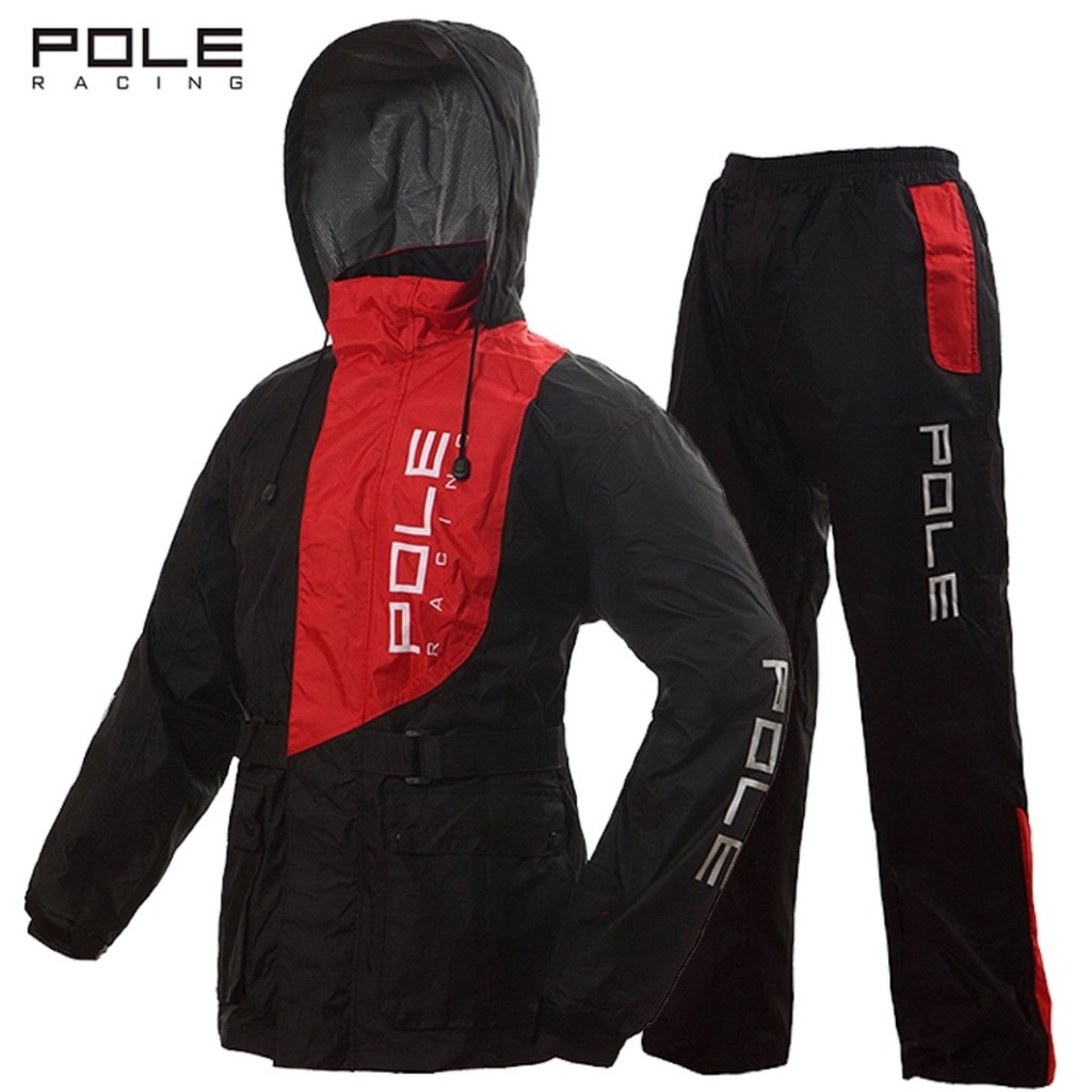 เสื้อกันฝน pole racing สีแดง สวมทับเสื้อการ์ดได้เลยผ้าอย่างดีกันฝนได้100% พร้อมถุงพับเก็บ