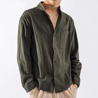 เสื้อเชิ้ตผู้ชายแขนยาว คอจีน ผ้าฝ้ายลินิน สีพื้น ระบายอากาศดี ทรงหลวม ไซซ์ M-3XL