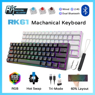 ROYAL KLUDGE RK61 Mechanical Gaming Keyboard คีย์บอร์ดไร้สาย Bluetooth/2.4GHz Wireless/Wired RGB Hot Swap Red/Brown/Blue Switch 60% Compact 61 Keys Mini Travel Keyboard