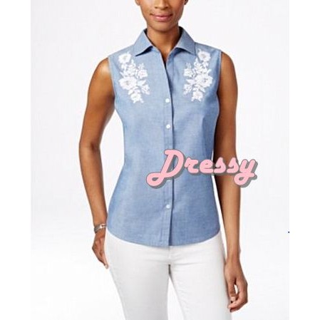 Karen Scott Embroidered Chambray Shirt