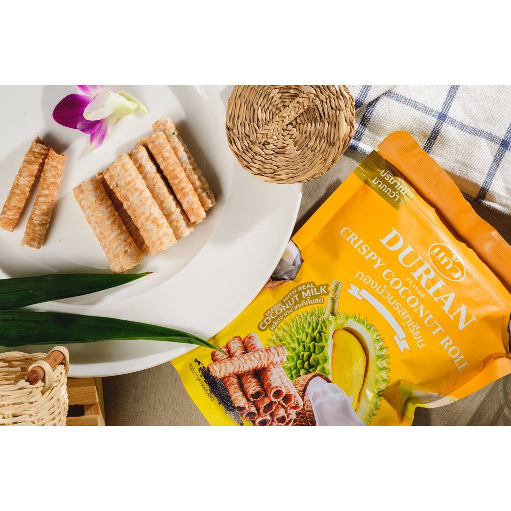 แก้ว ทองม้วนกะทิแท้ รสทุเรียน ขนาด 80 กรัม ( ของฝาก กาญจนบุรี ขนมไทย ขนมกรุบกรอบ ขนมกินเล่น ) - รูปที่ 6