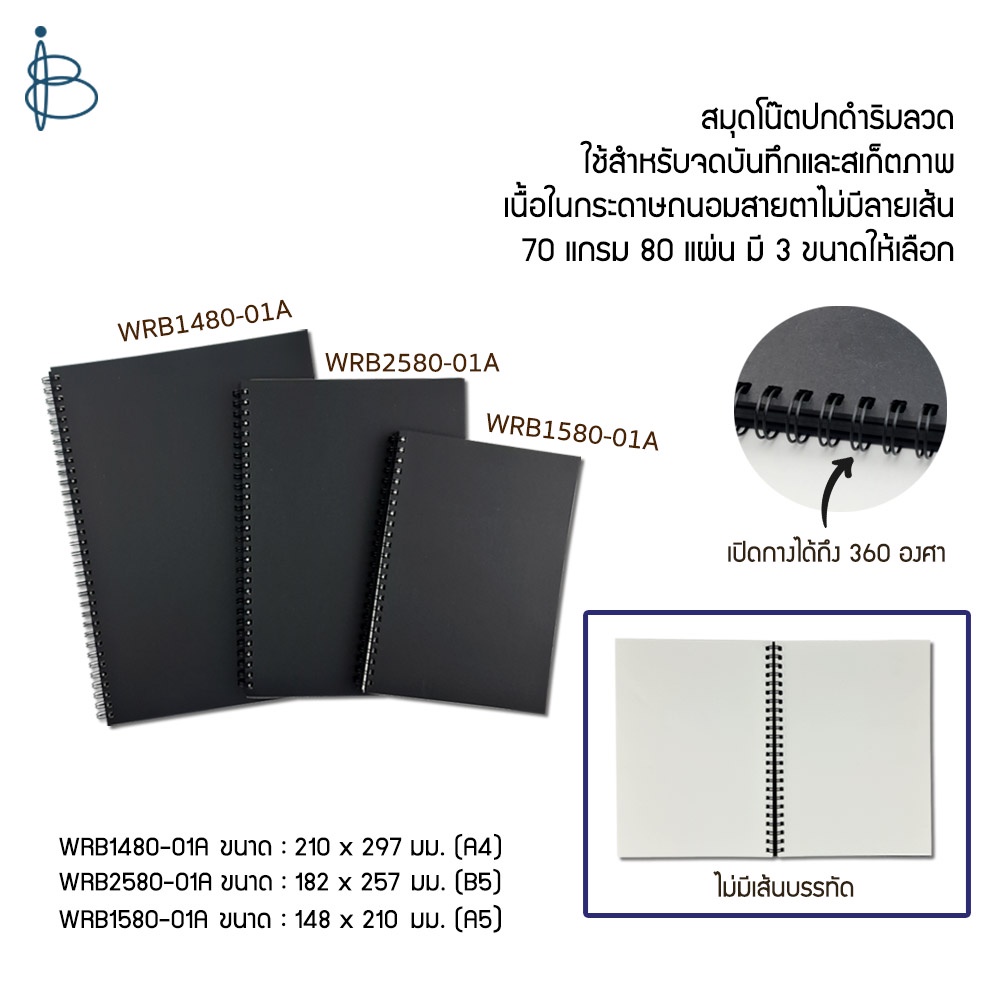 สมุดโน้ต สันห่วง ปกดำ—ขนาด A4/A5/B5 • ไม่มีเส้น •