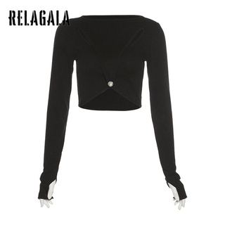 Relagala เสื้อยืด คอกลม แขนยาว สีพื้น ทรงสลิมฟิต แฟชั่นสําหรับผู้หญิง