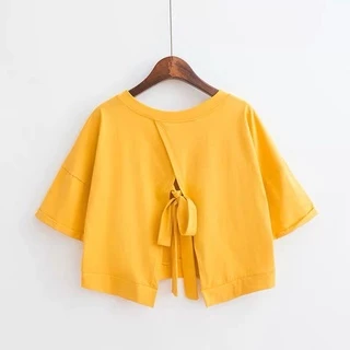 เสื้อครอปท็อปแขนสั้น คอวี แบบเย็บติดกัน สีพื้น สําหรับผู้หญิง