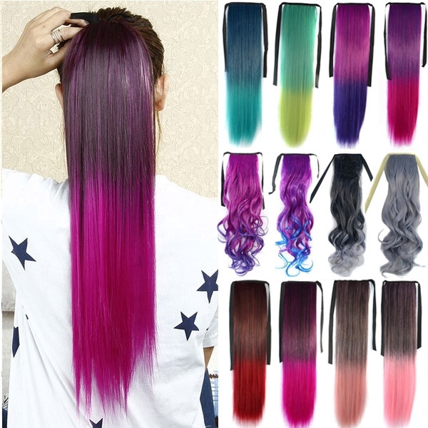 วิกผมหางม้าสังเคราะห์ แบบยาวตรง และหยิก สีสันสดใส แฟชั่นใหม่