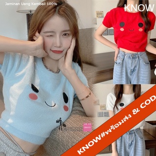 KNOW🍒เสื้อครอปแขนสั้นคอปกผ้าไหมพรม เสื้อยืดแขนสั้นสตรีเซ็กซี่รับซัมเมอร์สีหวานโทนพาสเทล🌺5317