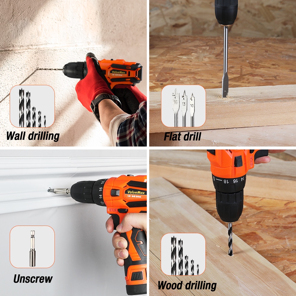 ValueMax 12V Cordless Drill Driver Electric Screwdriver Power Tools