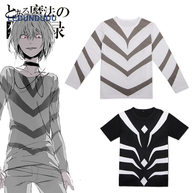 เสื้อยืดพิมพ์ลาย สําหรับผู้ชาย Toaru Majutsu no Index Cosplay Costumes Accelerator T-Shirts Toaru Kagaku no Railgun Men Stripe Tops T shirts Black white Tees