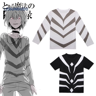 เสื้อยืดพิมพ์ลาย สําหรับผู้ชาย Toaru Majutsu no Index Cosplay Costumes Accelerator T-Shirts Toaru Kagaku no Railgun Men Stripe Tops T shirts Black white Tees