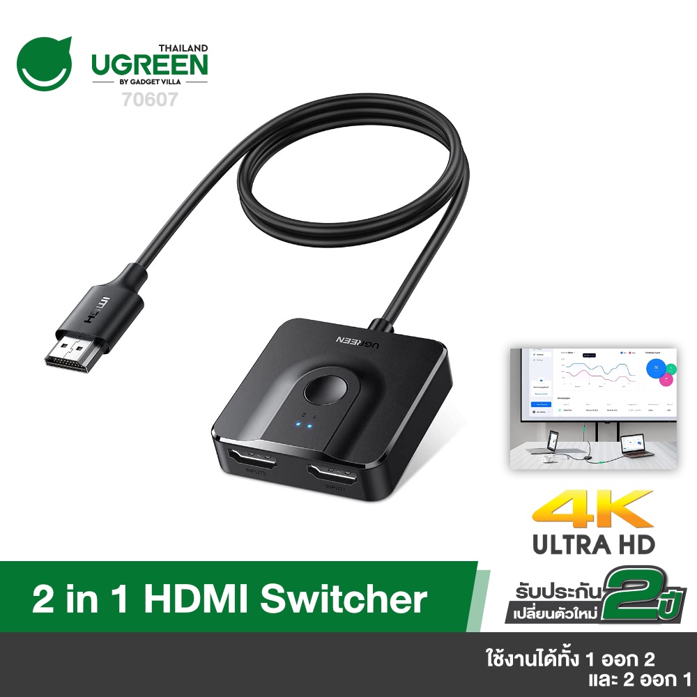 UGREEN รุ่น 70607 HDMI Switch 4K 60Hz HDMI 2.0 Splitter Switcher 2 in 1 Out/1 in 2 Out, Bi-Directional HDMI Box with HDMI Cable 4K 1080P 3D HDR, Compatible with Switch, PS5 PS4, Xbox, Monitor, Fire Stick สายยาว 1 เมตร