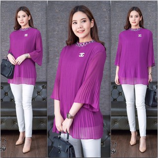 Clearance SALE เสื้อชีฟองอัดพลีท ประดับคอเพชร โอเวอร์ไซส์ สาวอวบ ใส่สบาย ไม่รัดรูป