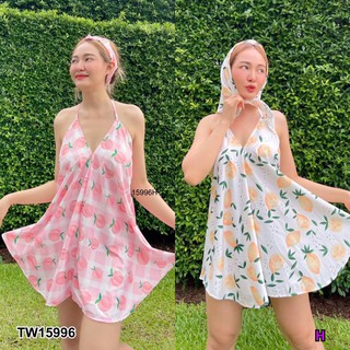 PP15996 set 2 ชิ้น เสื้อผูกคอหลัง พิมลาย + ผ้าโพกผม