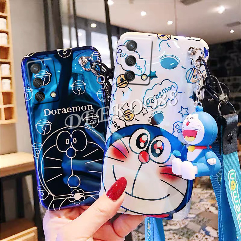 เคส OPPO Find X3 Pro Reno 2F 4 5 Pro 4G 5G A94 A93 A74 A73 A53 A15S A15 A12E A12 A7 A5S A9 A5 2020 A92 A52 2021 New Phone Case with Hand Strap and Neck Rope Lovely Cute Doraemon Doll Stand Holder Cartoon Softcase Back Cover เคสโทรศัพท์ Reno4 Reno5 Casing