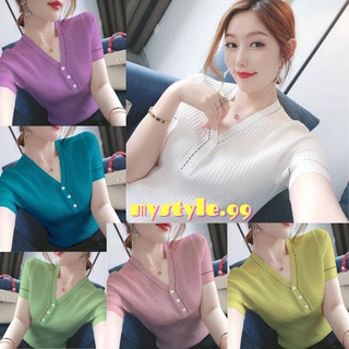 💐พร้อมส่ง 7สี💐  เสื้อไหมพรมคอวี เเต่งกระดุมหน้า สีพื้น จั๊มแขน-เอว น่ารัก💐  #A048