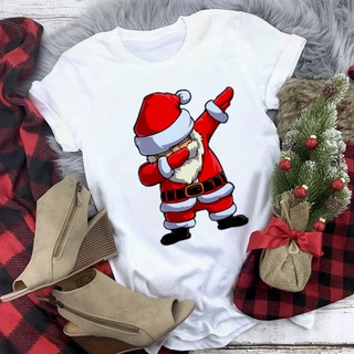 Fashion Women White T-shirts Santa Claus Print Short Sleeves Merry Christmas Clothes Harajuku Tops Casual Female  xmas