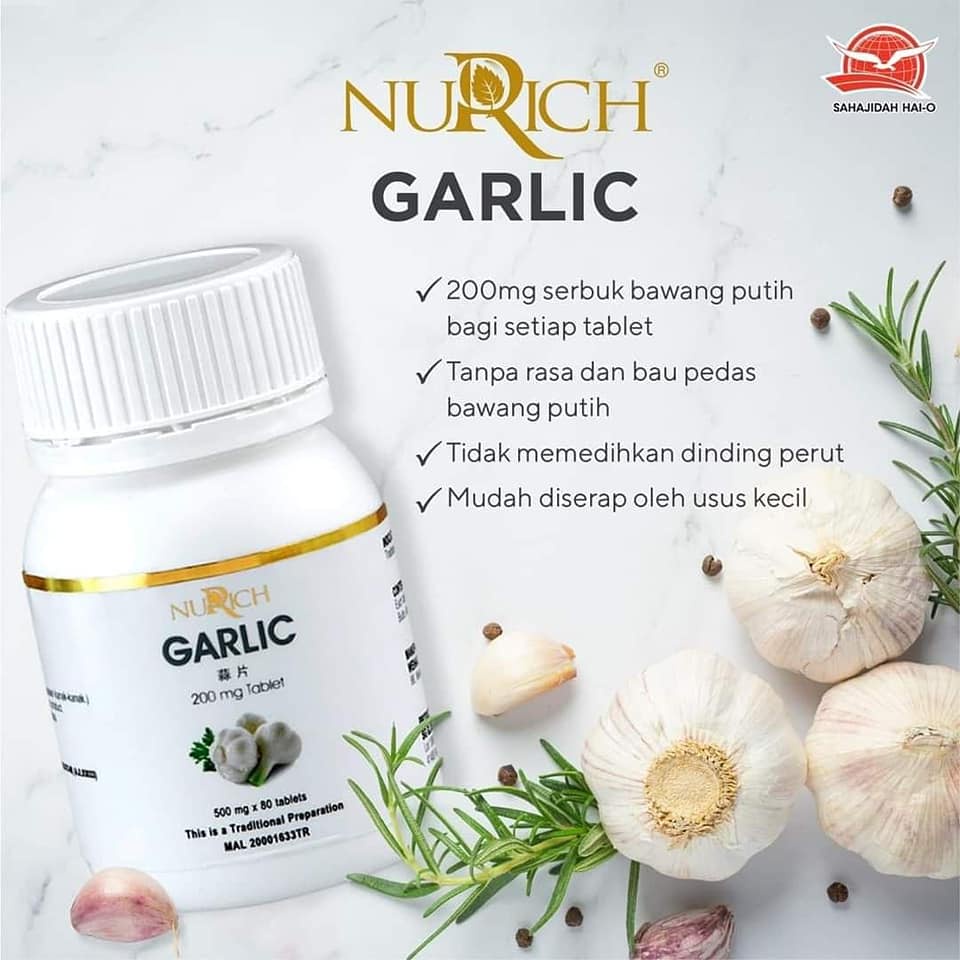 Nurich Garlic Pil Bawang Putih Buang Angin 80 เม็ด 100% HQ